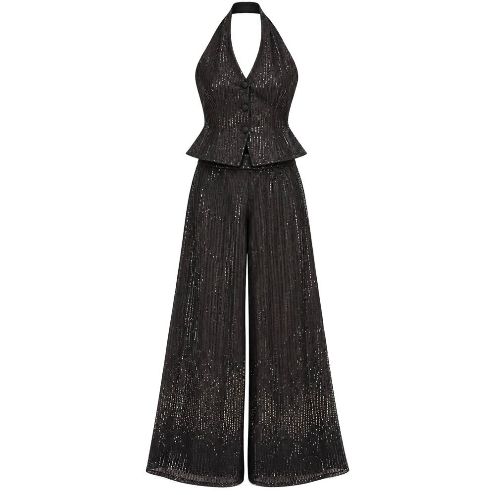 Vintage A.J. Bari Black Silk Beaded Halter Pant Set